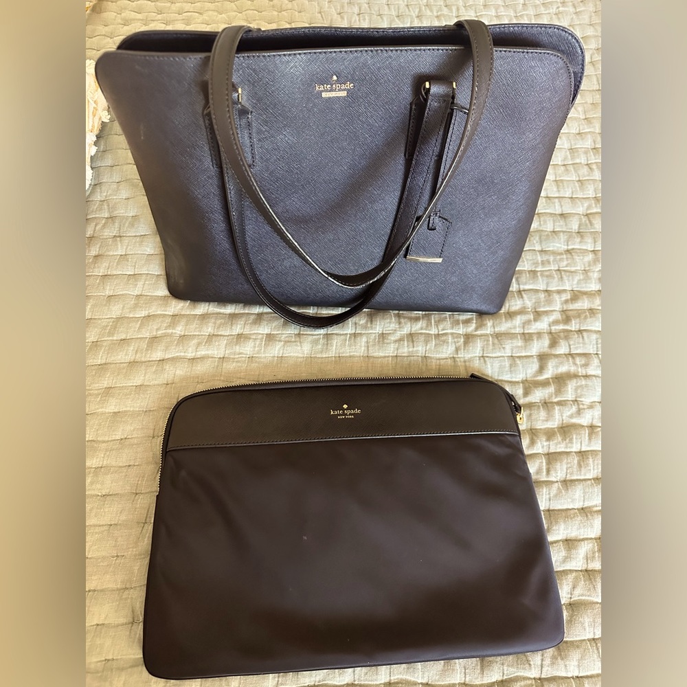 Kate Spade black leather tote bag with laptop sleeve
